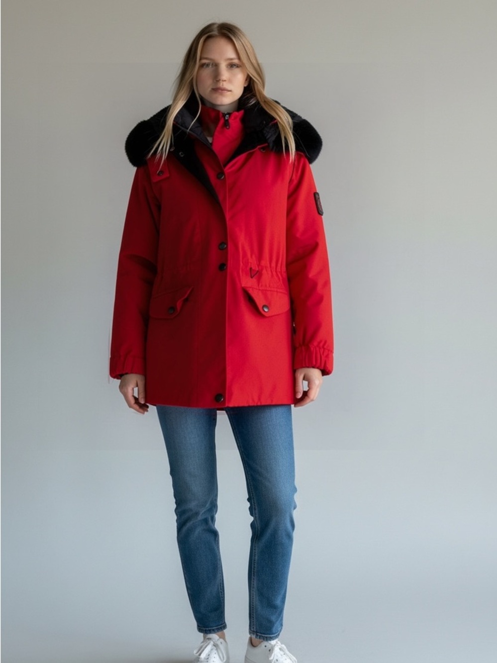 Women's Red Insulated Parka with Black Faux Fur Hood